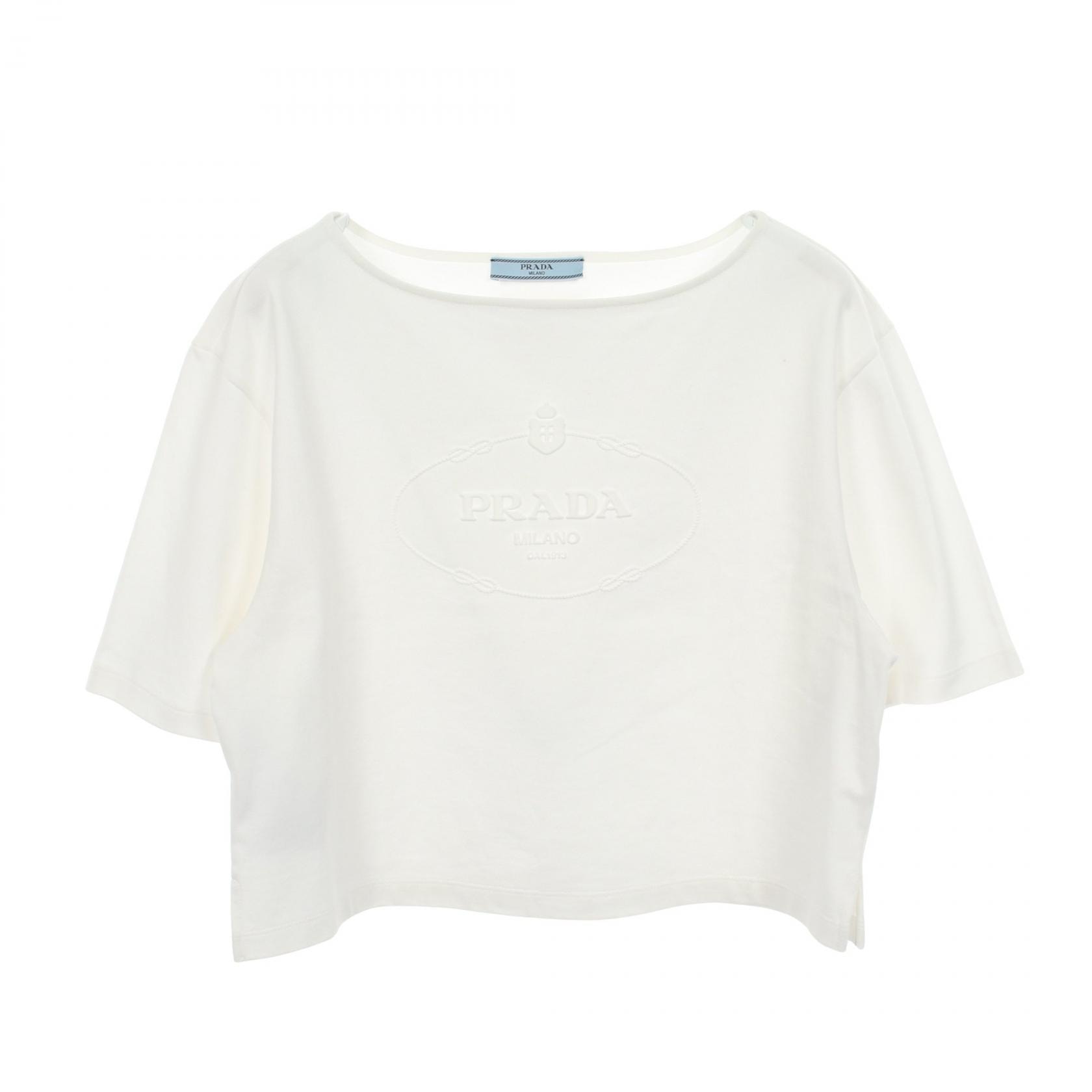 プラダ PRADA エンボスロゴ 半袖Tシャツ 衣料品 トップス コットン レディース ホワイト系 【中古】