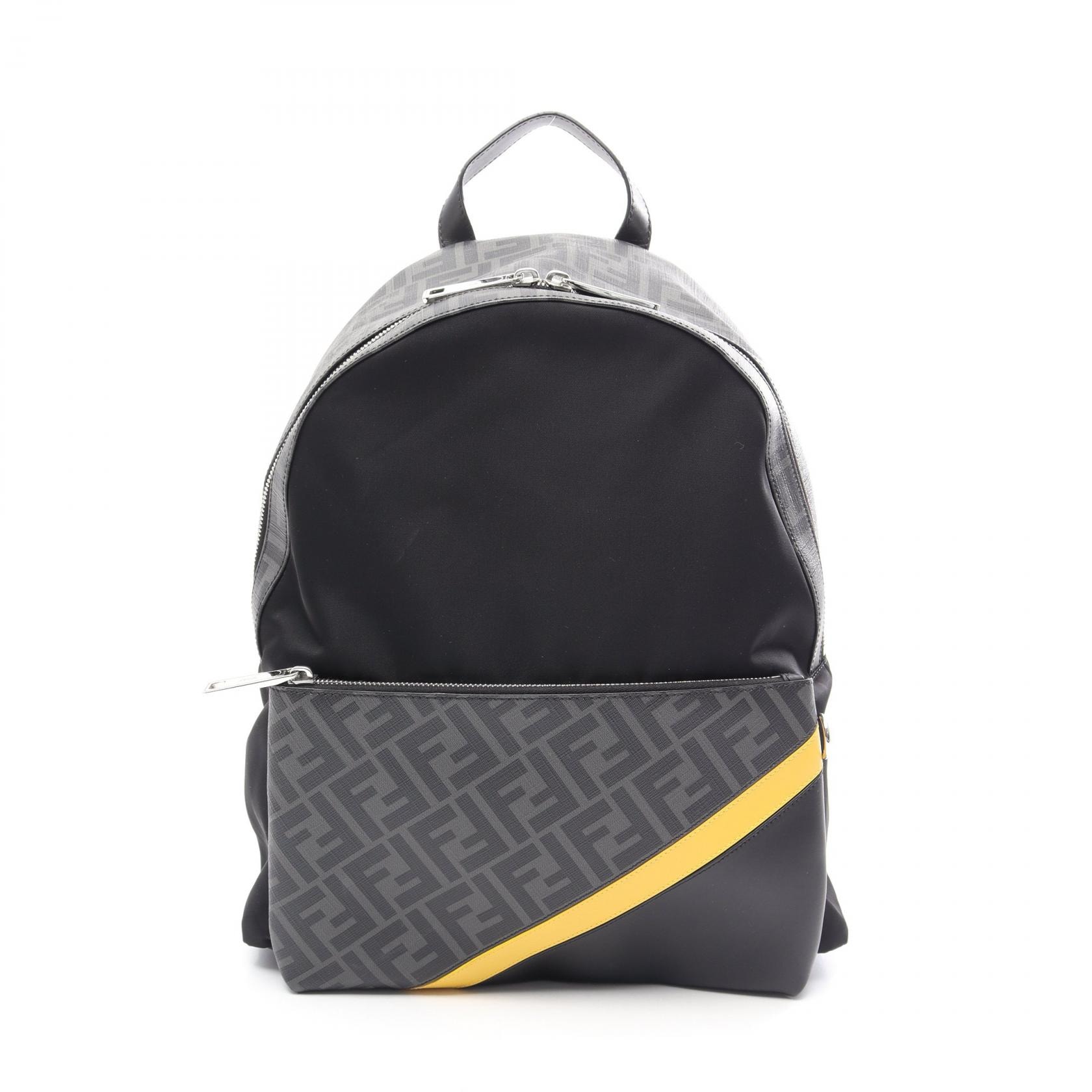 フェンディ FENDI ダイアゴナル リュックサック バックパック バッグ ナイロン PVCコーティングキャンバス レザー メンズ ブラック系 / グレー系 / イエロー系 7VZ2042 【中古】