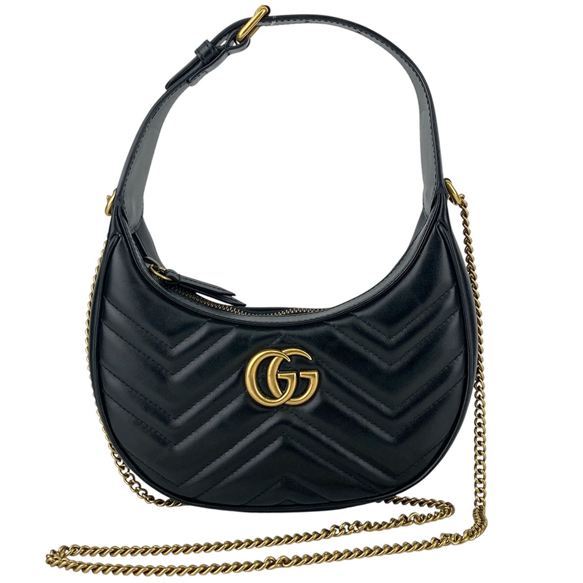 【値下げ】GUCCI グッチ GGマーモント ハーフムーンシェイプ ハンドバッグ ショルダーバッグ 699514 DTDHT 1000 レザー ブラック ゴールド金具 レディース【中古】