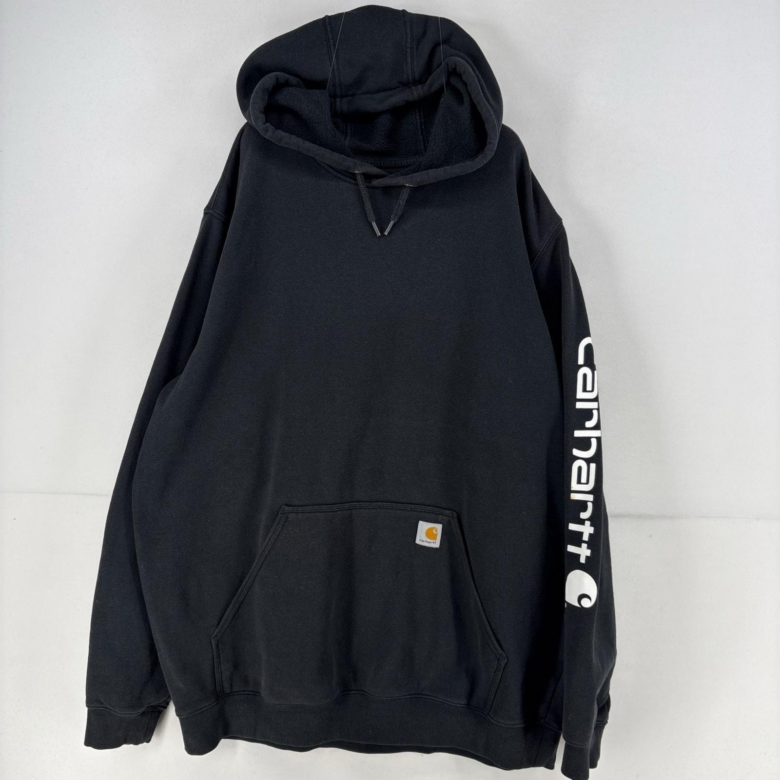 古着 カーハート Carhartt パーカー スウェット ロゴ プリント プルオーバー ワンポイント XL  ブラック プリント メンズ