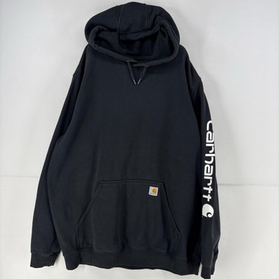 古着 カーハート Carhartt パーカー スウェット ロゴ プリント プルオーバー ワンポイント XL ブラック プリント メンズ