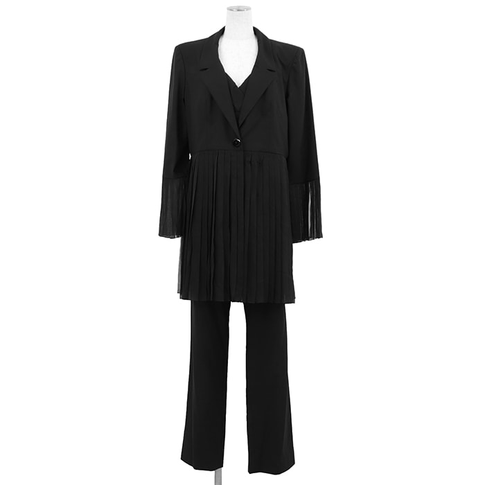 CHANEL シャネル ヴィンテージ スリーピース セットアップ サイズ 44 レディース 01P P17313 ウール/シルクシフォン プリーツ ジャケット キャミソール スラックス ブラック 黒