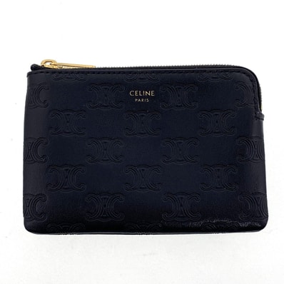 CELINE セリーヌ トリオンフ エンボス フック付き コイン&カードポーチ カードケース 10C663 レザー ブラック ユニセックス【中古】