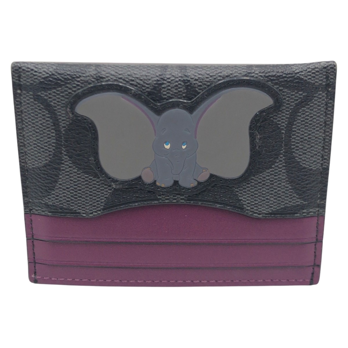 美品 COACH コーチ ディズニーコラボ シグネチャー ブラック 黒 パープル レザー カードケース パスケース 名刺入れ 600295 【中古】