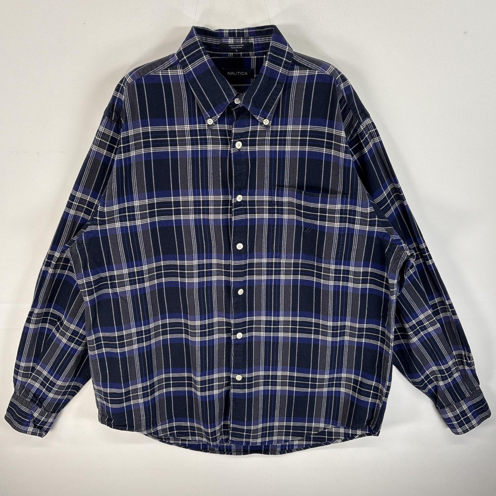 古着 ノーティカ NAUTICA 長袖シャツ チェック ロゴ 刺繍 胸ポケ L  ネイビー系 マルチカラー メンズ