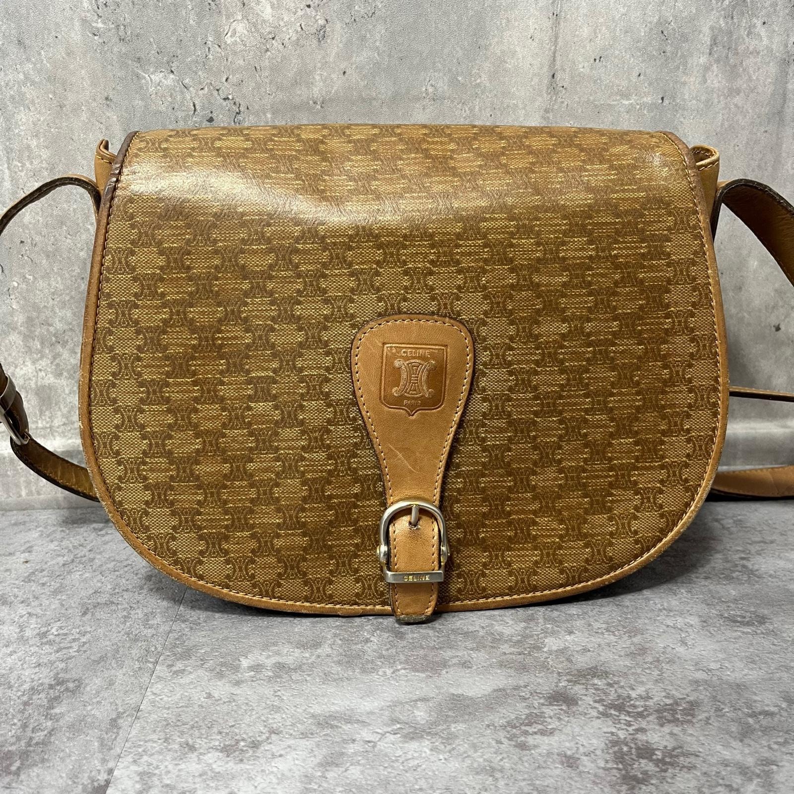 【CELINE】セリーヌ ショルダーバッグ Cサルキー 馬車柄 ブラウン キャンバス レザー フラップ バックル 斜め掛け ヴィンテージ レディース