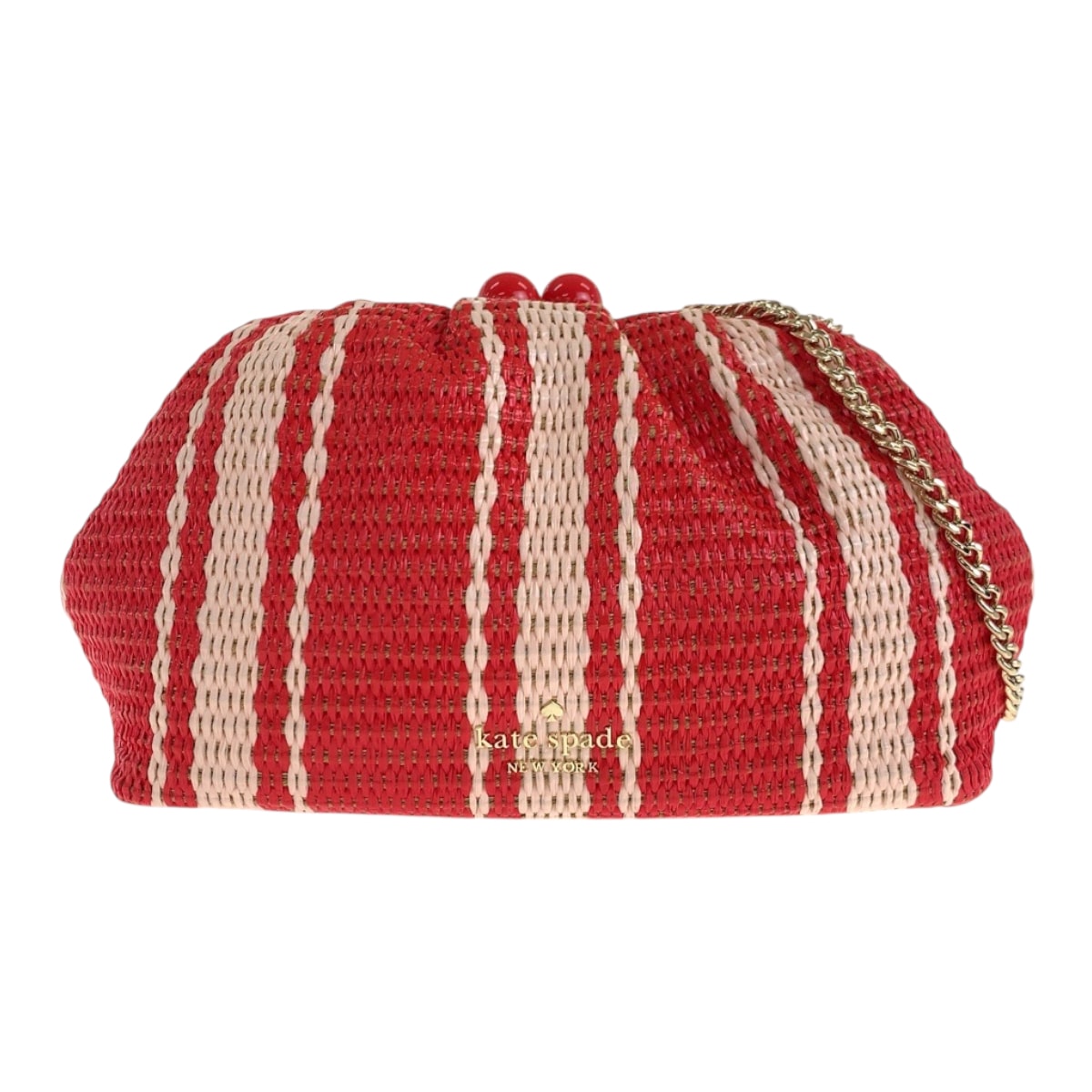 美品 Kate Spade ケイトスペード スクランチ ビーチ チェア ストライプ ストロー コンバーチブル レッド ピンク ゴールド金具 ストロー チェーンショルダーバッグ ポシェット 600249 【中古】