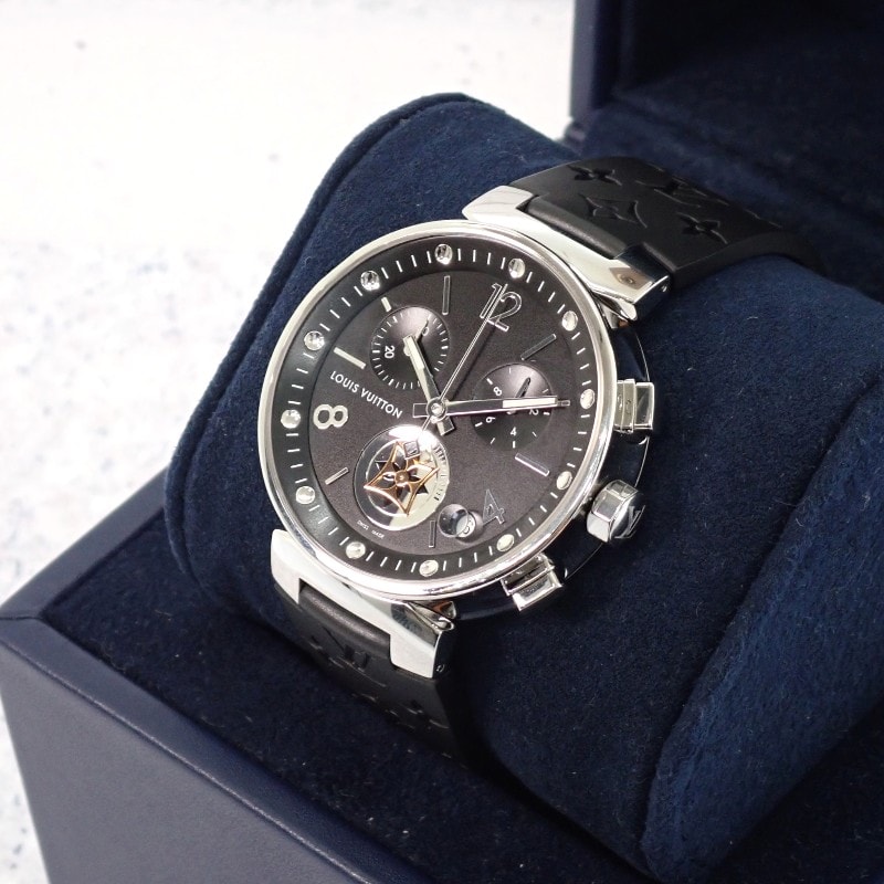 ルイヴィトン LOUIS VUITTON タンブール ムーンスターGM Q8D11Z 腕時計 ステンレススチール ラバー ブラック シルバー クオーツ ブラック文字盤 メンズ【中古】【ABランク】
