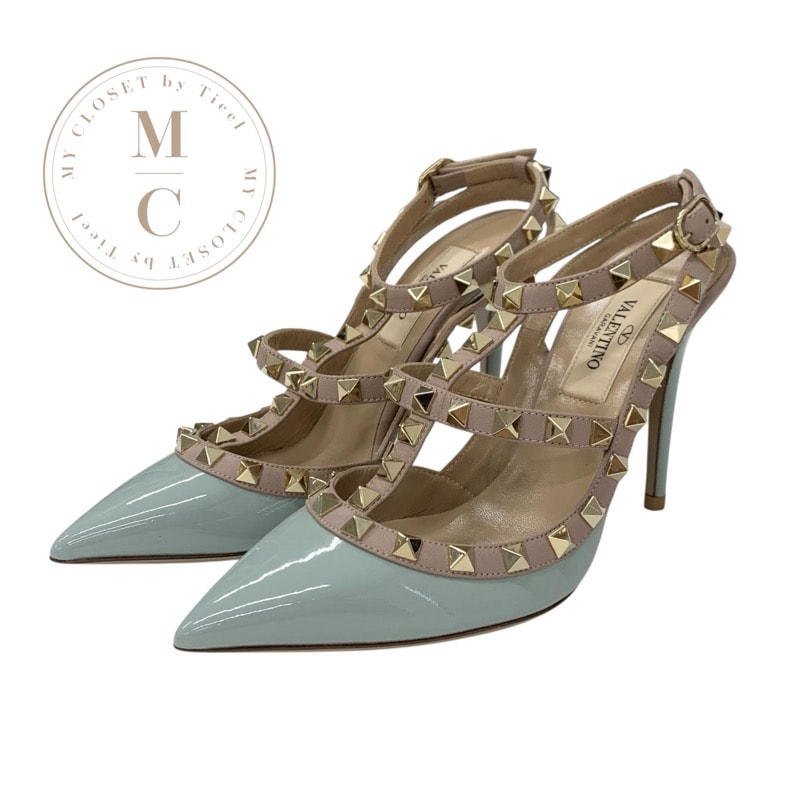 ヴァレンティノ VALENTINO パンプス 靴 シューズ パテント レザー ライトブルー ピンクベージュ ゴールド ロックスタッズ ストラップ