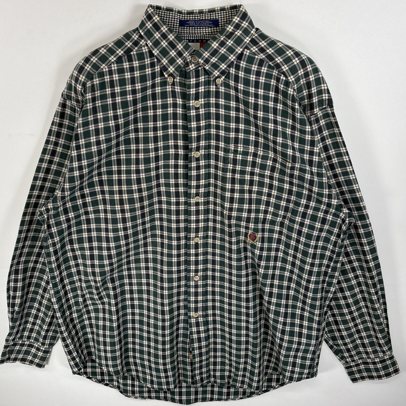 古着 90's/90年代 トミーヒルフィガー TOMMY HILFIGER 長袖シャツ ボタンダウンシャツ ワンポイント ロゴ 刺繍 胸ポケ M  グリーン系 チェック メンズ