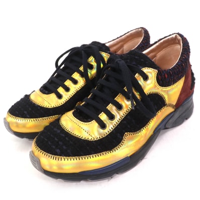 美品 シャネル
スニーカー メタリックイエロー ブラック ブラウン レディース 35 G30422