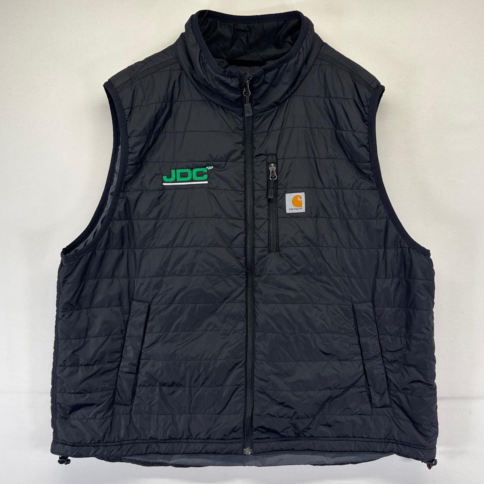 古着 カーハート Carhartt ダウンベスト 企業ロゴワッペン ワーク フルジップ リラックスフィット 2XL  ブラック系 メンズ