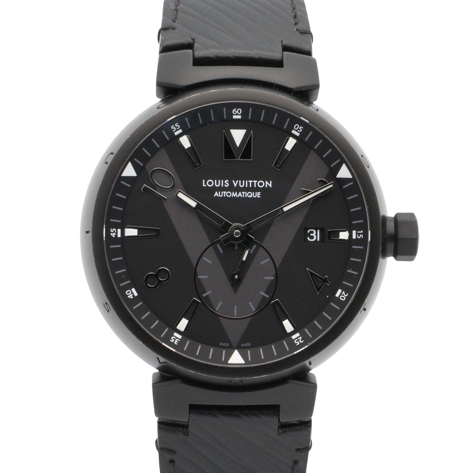 ルイ・ヴィトン LOUIS VUITTON タンブール オールブラック 腕時計 時計 ステンレススチール レザーベルト メンズ ブラック系 Q1D22 【中古】