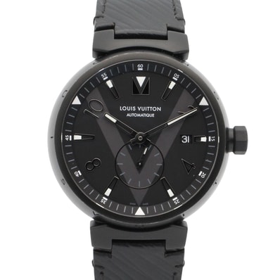 ルイ・ヴィトン LOUIS VUITTON タンブール オールブラック 腕時計 時計 ステンレススチール レザーベルト メンズ ブラック系 Q1D22 【中古】