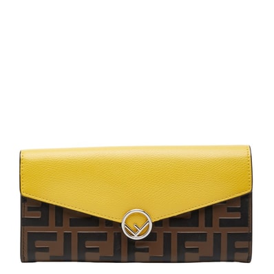 フェンディ ズッカ エフイズ ロゴ 長財布 ロングウォレット イエロー ブラウン レザー レディース FENDI 【中古】