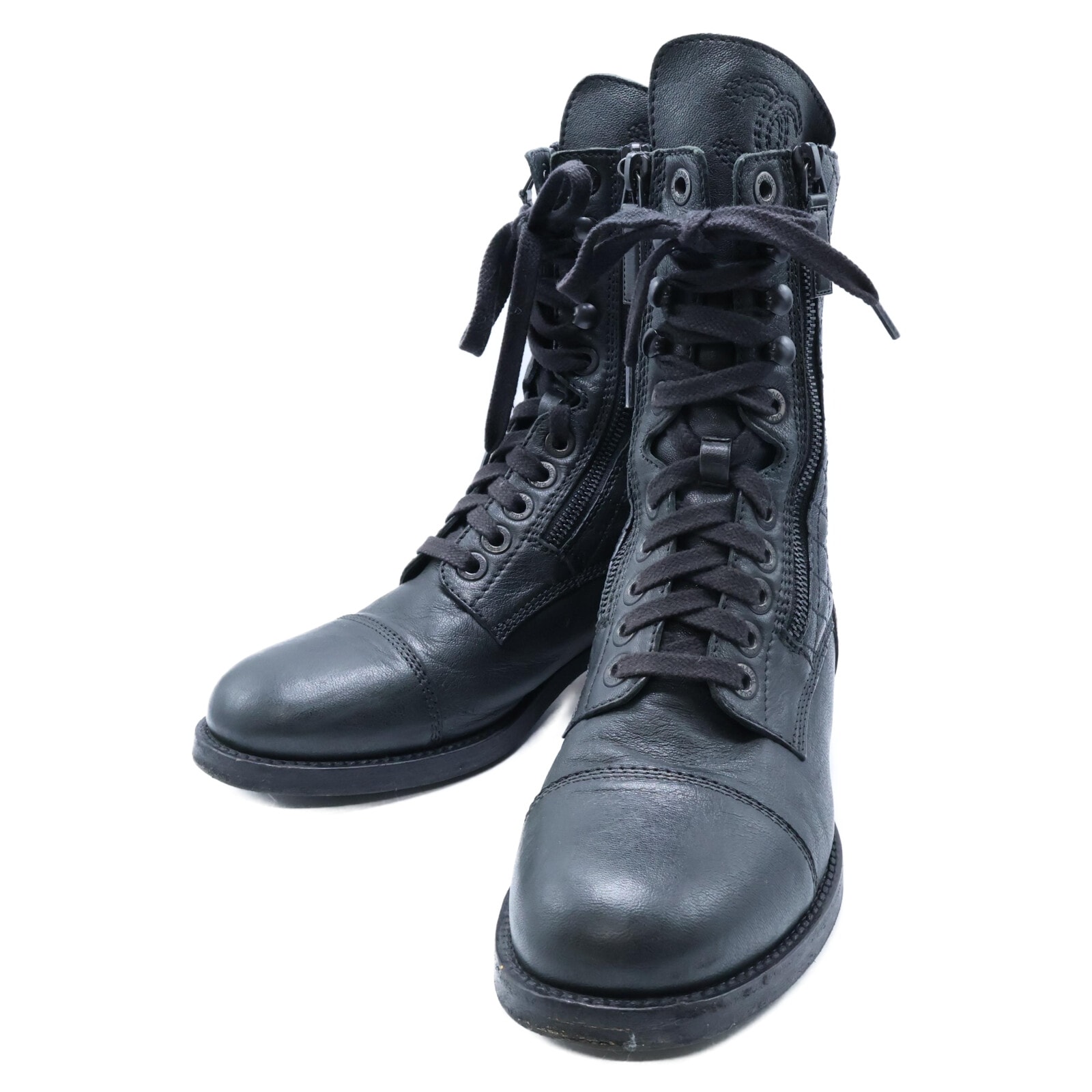 シャネル G29324 ココマーク マトラッセ ジップデザイン レースアップ レザー ショートブーツ  39