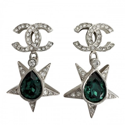 CHANEL シャネル ピアス 星 ココマーク アクセサリー スター ラインストーン I23P シルバー グリーン 緑 レディース 約7.7g 2023年【中古品】