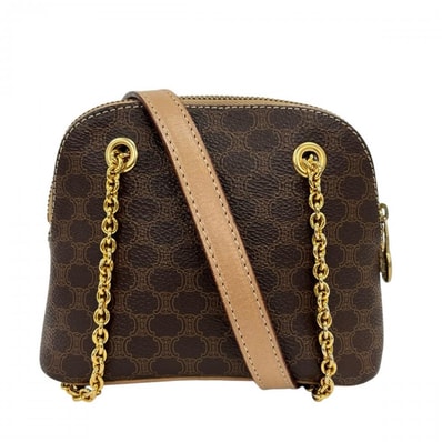 CELINE セリーヌ ショルダーバッグ マカダム チェーンショルダー ミニマル 斜め掛け PVCコーティングキャンバス レザー ブラウン 茶 ゴールド金具 レディース【中古品】