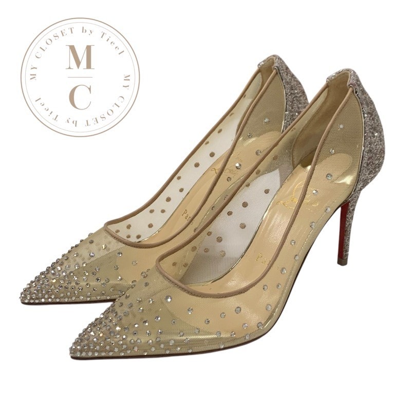 クリスチャンルブタン Christian Louboutin FOLLIES STRASS パンプス 靴 シューズ メッシュ グリッター ベージュ ラインストーン パーティーシューズ