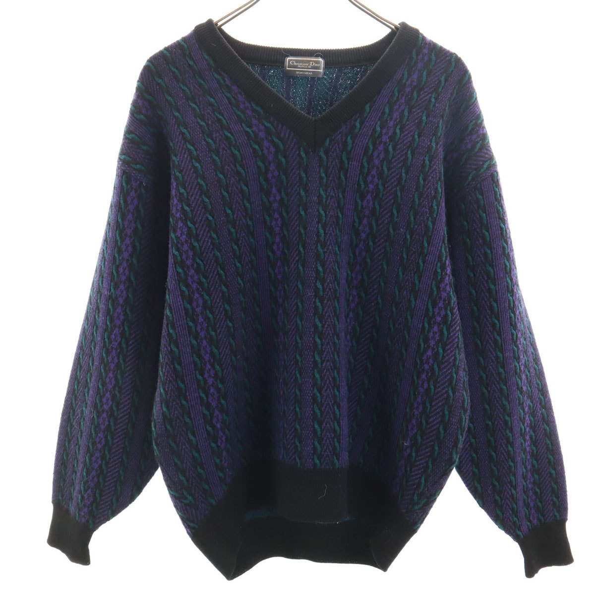 Christian Dior MONSIEUR クリスチャンディオール ムッシュ 90s オールド ストライプ柄 長袖 Vネック セーター L パープル ニット