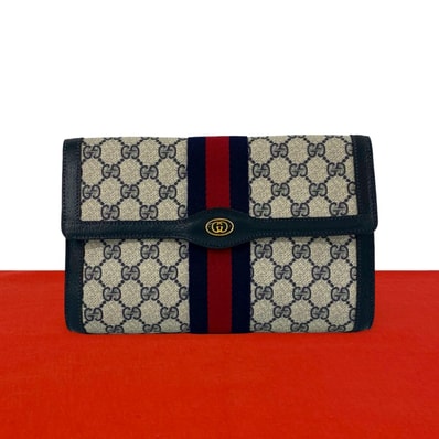 GUCCI グッチ シェリーライン GG ロゴ 金具 柄 レザー PVC クラッチバッグ ネイビー
355-3