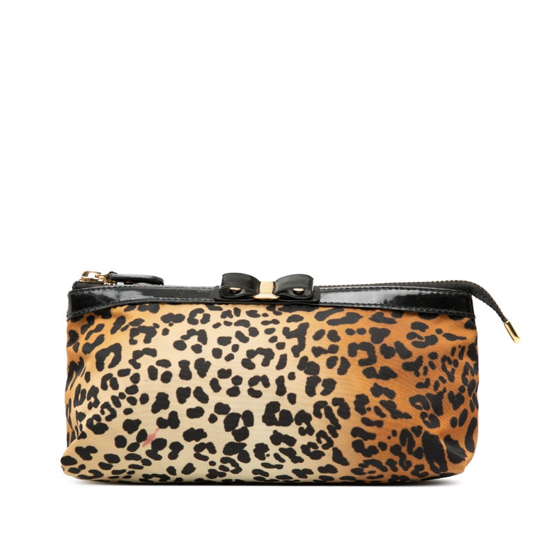 サルヴァトーレフェラガモ ヴァラリボン レオパード ポーチ ブラウン ブラック ナイロン レザー レディース Salvatore Ferragamo 【中古】