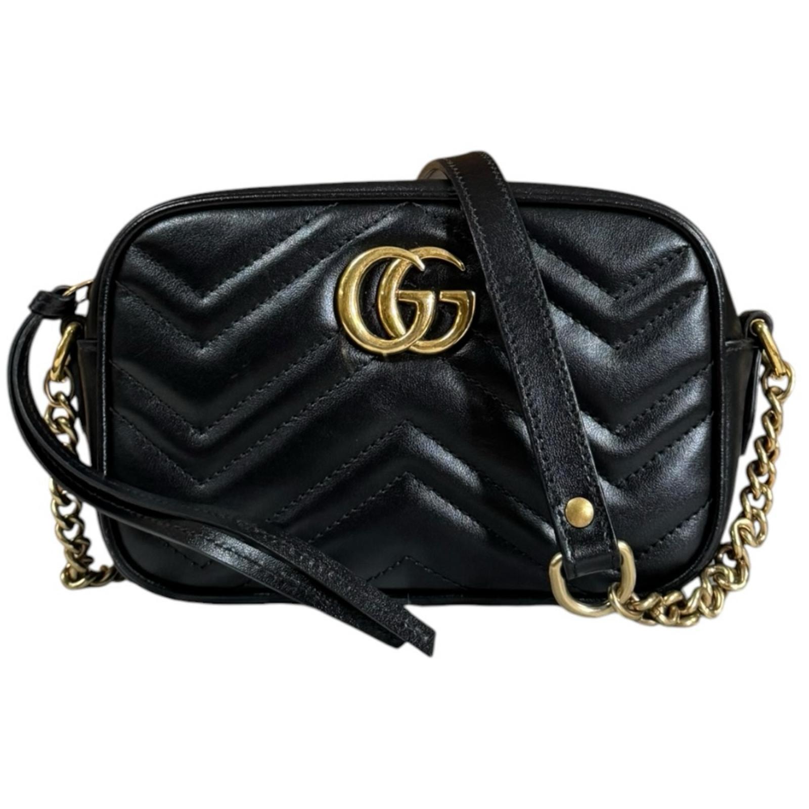 グッチ ミニ カメラバッグ GGマーモント ショルダーバッグ レザー 448065 ブラック レディース GUCCI  中古