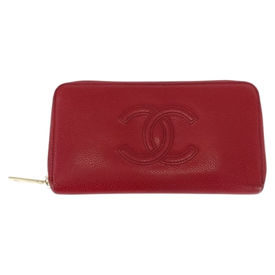 美品 CHANEL シャネル ココマーク レッド ゴールド金具 レザー 長財布 ラウンドファスナー 505526 【中古】