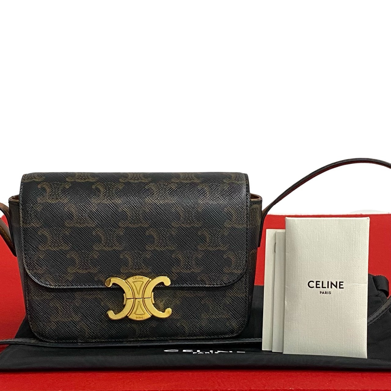 CELINE セリーヌ トリオンフ ミニショルダー ロゴ 金具 レザー PVC ショルダーバッグ ブラウン
 48655