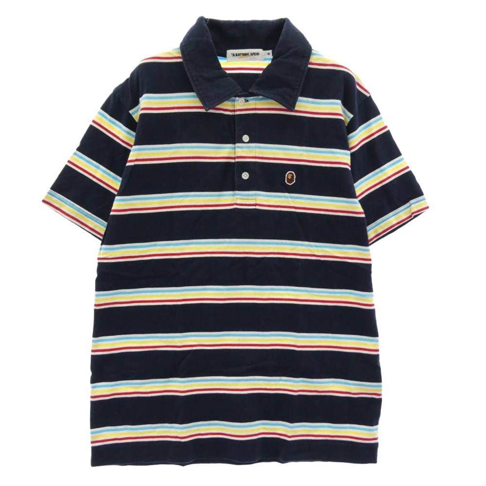 A BATHING APE アベイシングエイプ ポロシャツ ボーダー フェイスパッチ 半袖 ポロシャツ ネイビー系 マルチカラー系 M【中古】