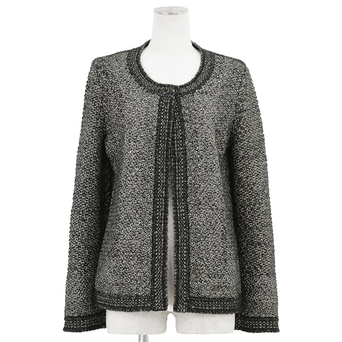 【美品】CHANEL シャネル ニットジャケット サイズ 38 レディース P42095 ノーカラー ラインストーン スタッズ COCOマーク ボタン カシミヤ × シルク カーディガン アウター ブラック ホワイト 黒 白 仏製 カール・ラガーフェルド期