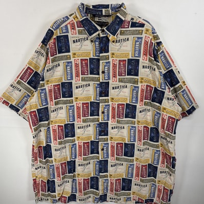 古着 ノーティカ NAUTICA 半袖シャツ ボタンダウンシャツ アロハシャツ 大きいサイズ 14041 ベージュ系 総柄 メンズ