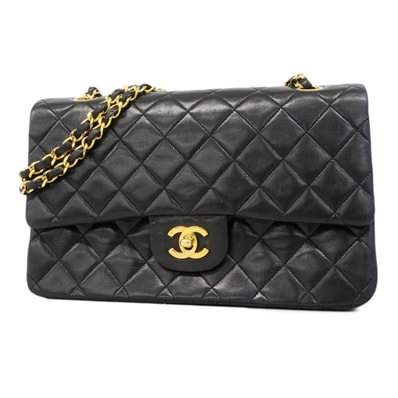 【6dc3166-k】シャネル ショルダーバッグ マトラッセ Wフラップ Wチェーン ラムスキン ブラック ゴールド金具【中古】レディース