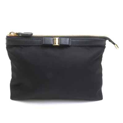 サルヴァトーレフェラガモ Salvatore Ferragamo ポーチ ヴァラリボン ナイロン ブラック ゴールド レディース【中古】 e62323b