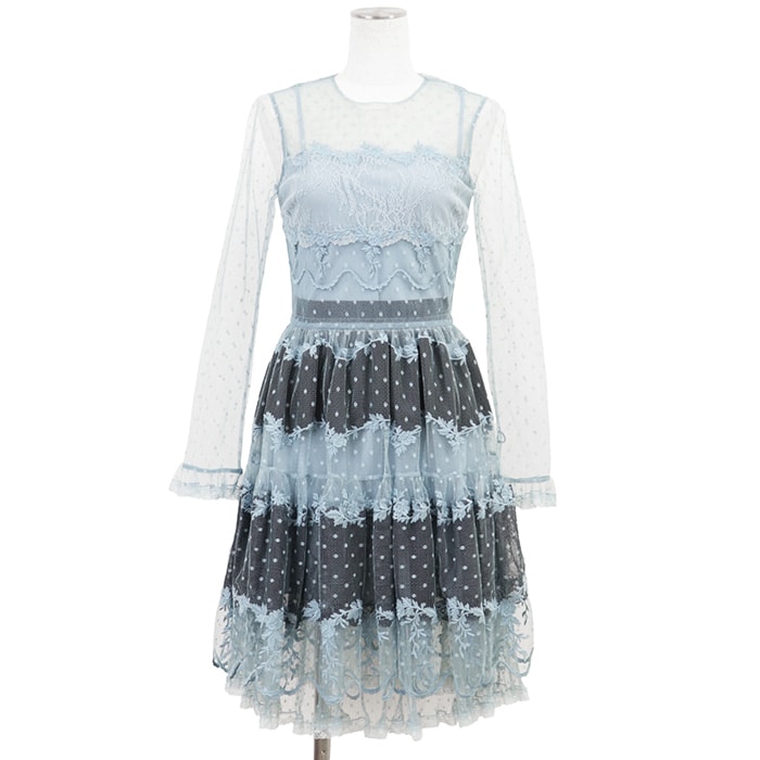 【未使用】RED VALENTINO レッドヴァレンティノ ドレス サイズ 38 レディース チュール レース フローラル エンブロイダリー ロングスリーブ 花柄 刺繍 長袖 ワンピース タグ付属 サックスブルー 青