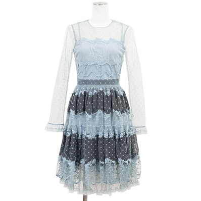 【未使用】RED VALENTINO レッドヴァレンティノ ドレス サイズ 38 レディース チュール レース フローラル エンブロイダリー ロングスリーブ 花柄 刺繍 長袖 ワンピース タグ付属 サックスブルー 青