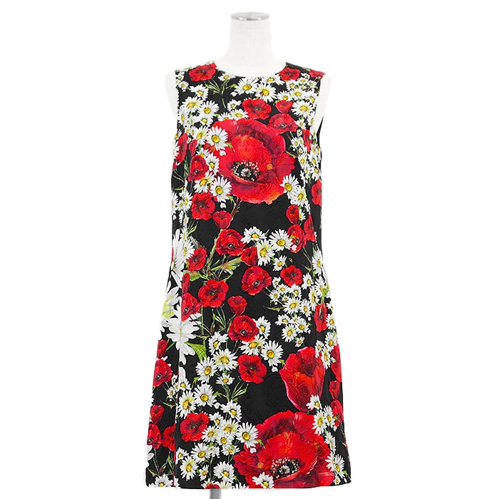 【新品同様】DOLCE&GABBANA ドルチェアンドガッバーナ ノースリーブワンピース ボタニカル フローラル 花柄 ジャガード コットン × シルク バックファスナー ドレス レディース サイズ 40 マルチカラー 総柄 イタリア製