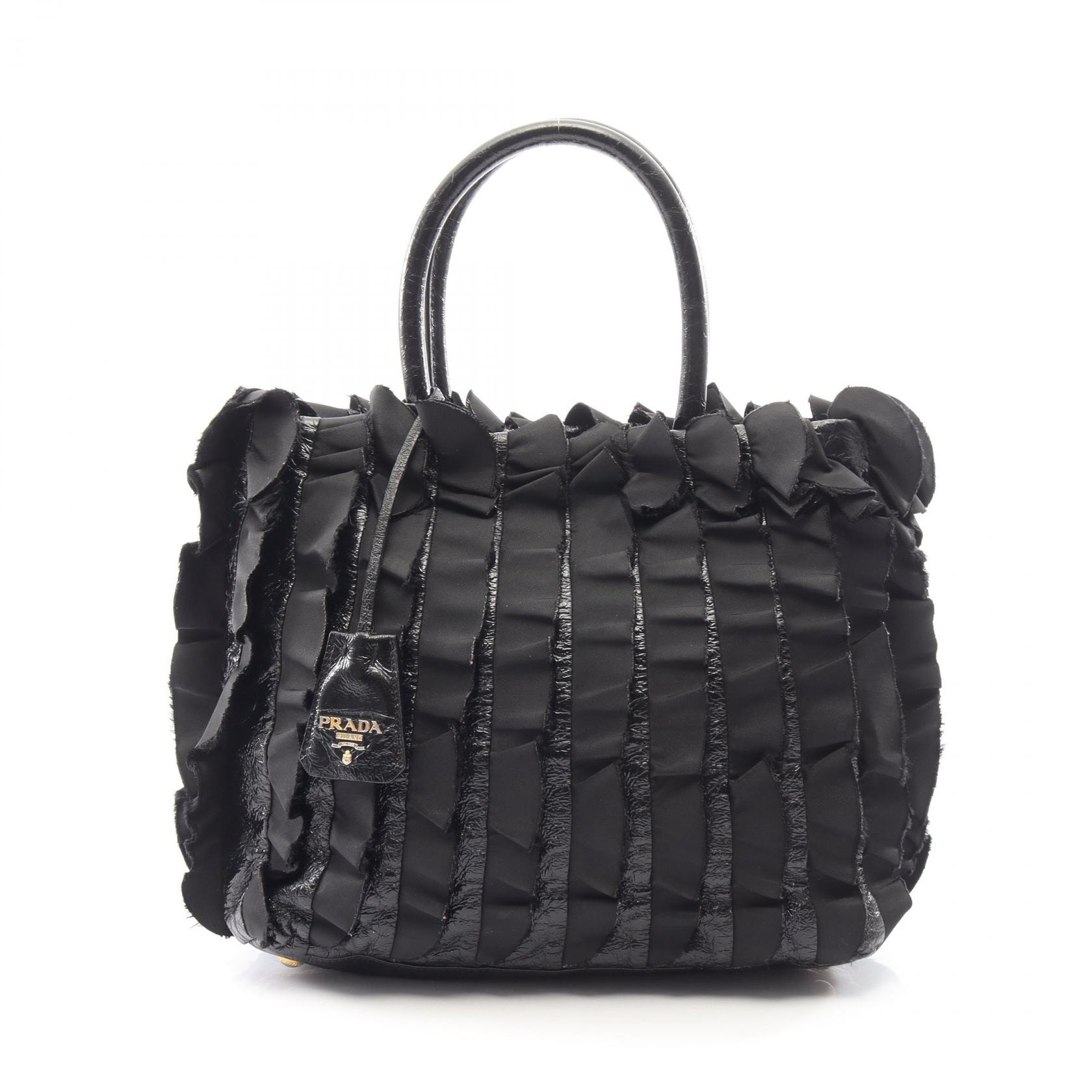 プラダ PRADA フリル ハンドバッグ バッグ ナイロン パテントレザー レディース ブラック系 【中古】