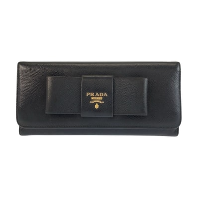美品 PRADA プラダ サフィアーノ フィオッコ リボン ブラック 黒 ゴールド金具 レザー 長財布 ロングウォレット 601921 【中古】