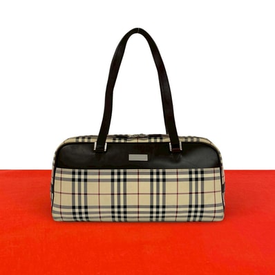 BURBERRY バーバリー ノバチェック 柄 ロゴ 金具 キャンバス レザー ハンドバッグ ブラウン
83218