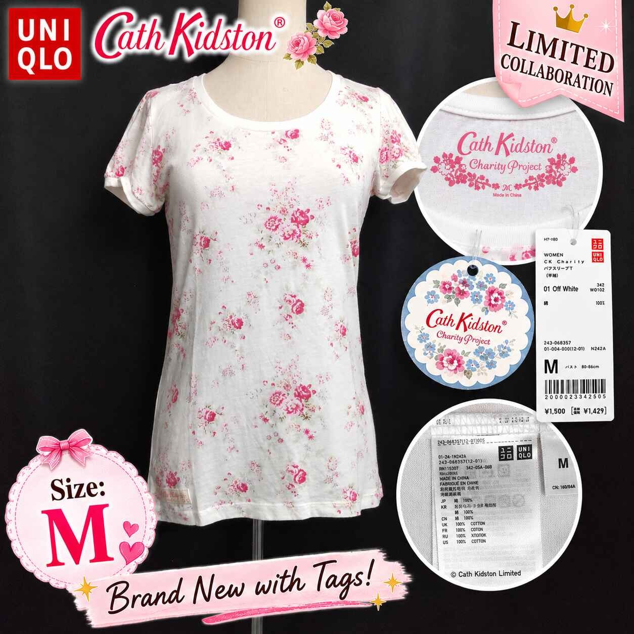 タグ付き新古品★限定品!UNIQLO +J × Cath Kidston/ユニクロ★コラボ/半袖トップス/Tシャツ【レディースM/白/white/花柄】Tops/Shirt◆BJ180-l