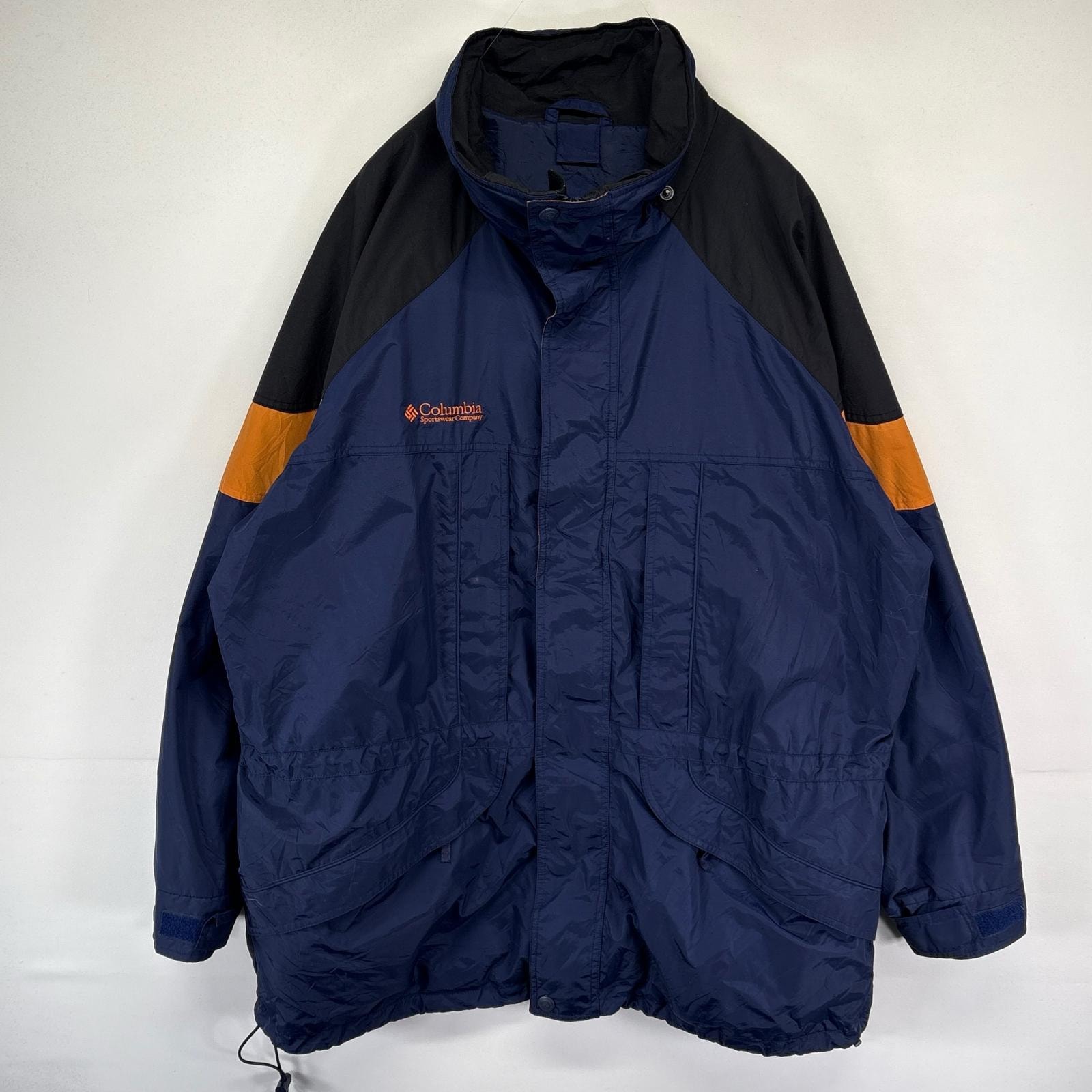 古着 コロンビア Columbia ナイロンジャケット アウトドア フルジップ ワンポイントロゴ刺繍 大きいサイズ XL  ネイビー メンズ