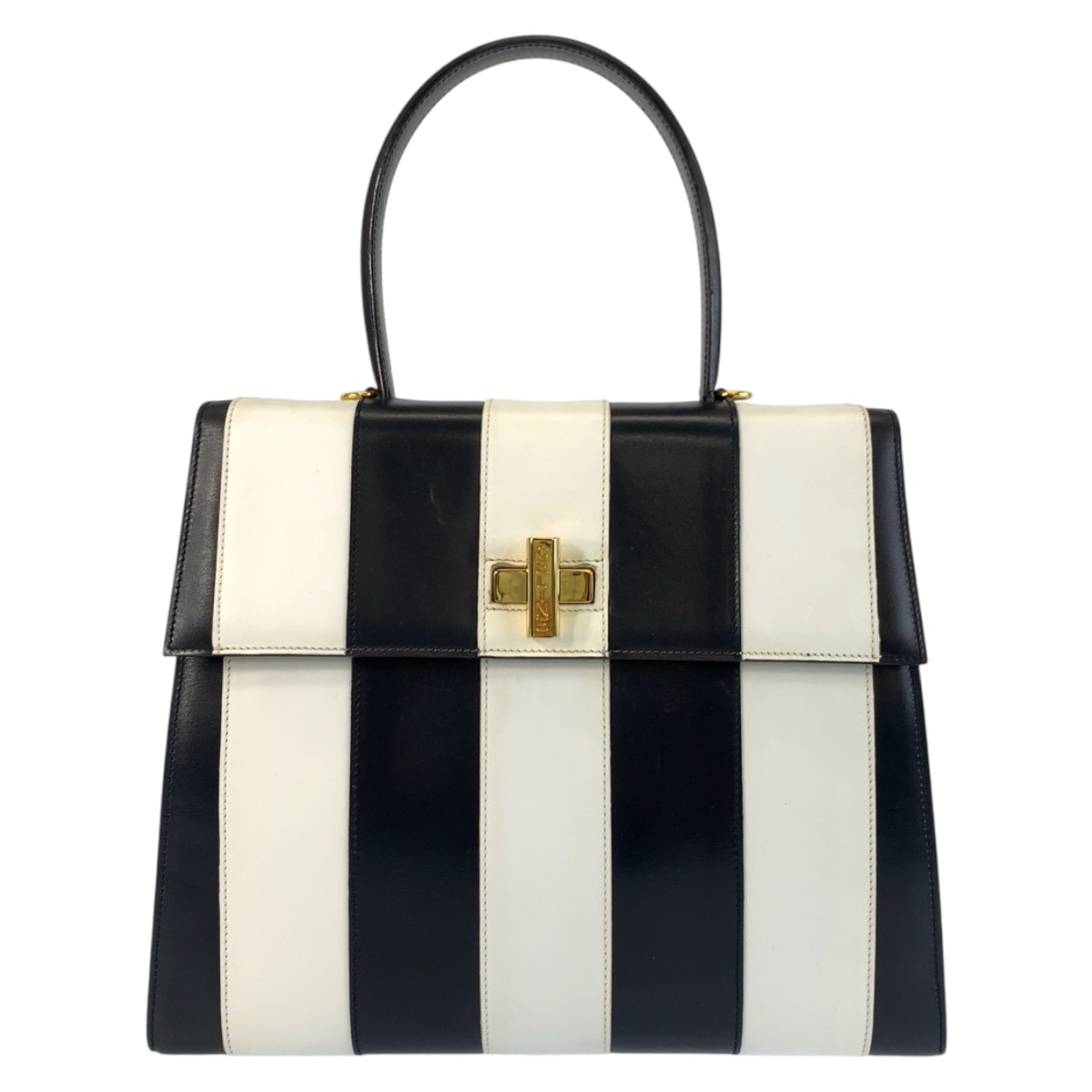CELINE セリーヌ ヴィンテージ ターンロック ストライプ ホワイト ブラック ゴールド金具 レザー ハンドバッグ 600584 【中古】