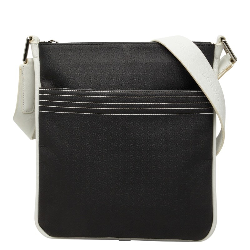 ロエベ リピート アナグラム 斜め掛け ショルダーバッグ ブラック ホワイト レザー PVC レディース LOEWE 【中古】