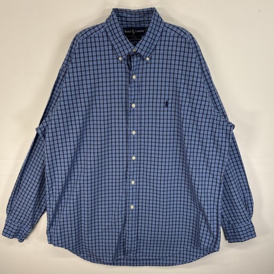 古着 ラルフローレン RALPH LAUREN 長袖シャツ ロゴ 刺繍 チェック柄 ボタンダウン L ブルー系 マルチカラー メンズ