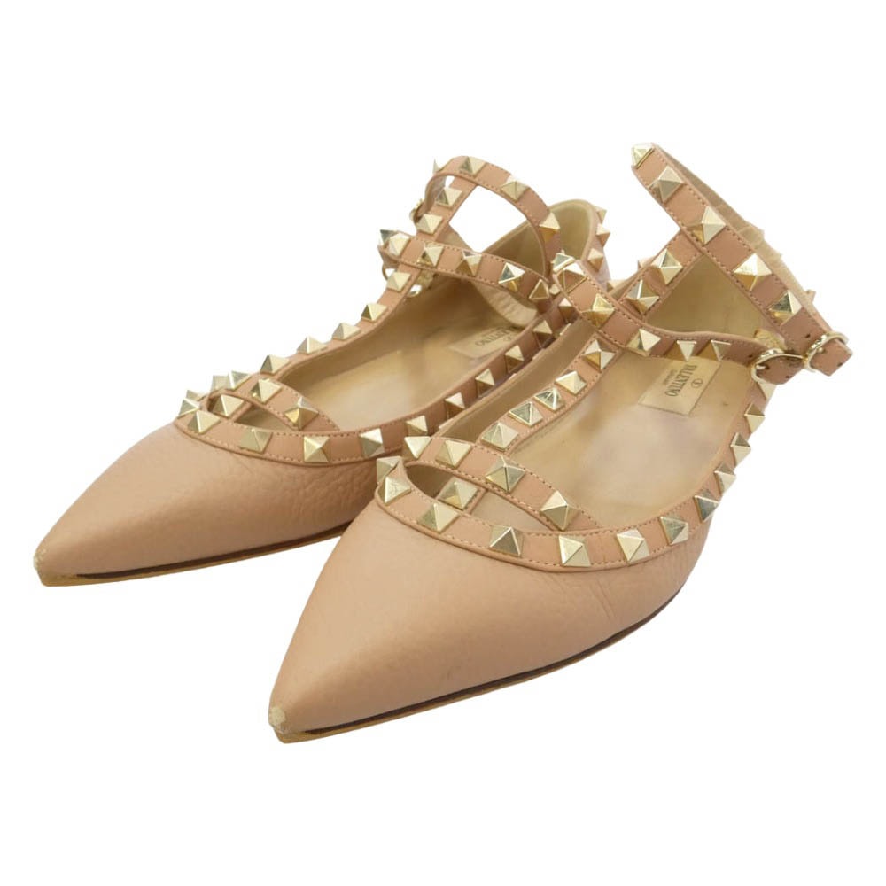 VALENTINO ヴァレンティノ KW0S0376 ロックスタッズ レザー ポインテッドトゥ パンプス ベージュ系 ゴールド系 37【中古】