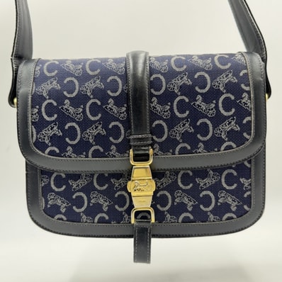 CELINE(セリーヌ)サルキー Cマカダム ヴィンテージ ショルダーバッグ ネイビー系 キャンバス レザー 馬車金具 ゴールドトーン レディース