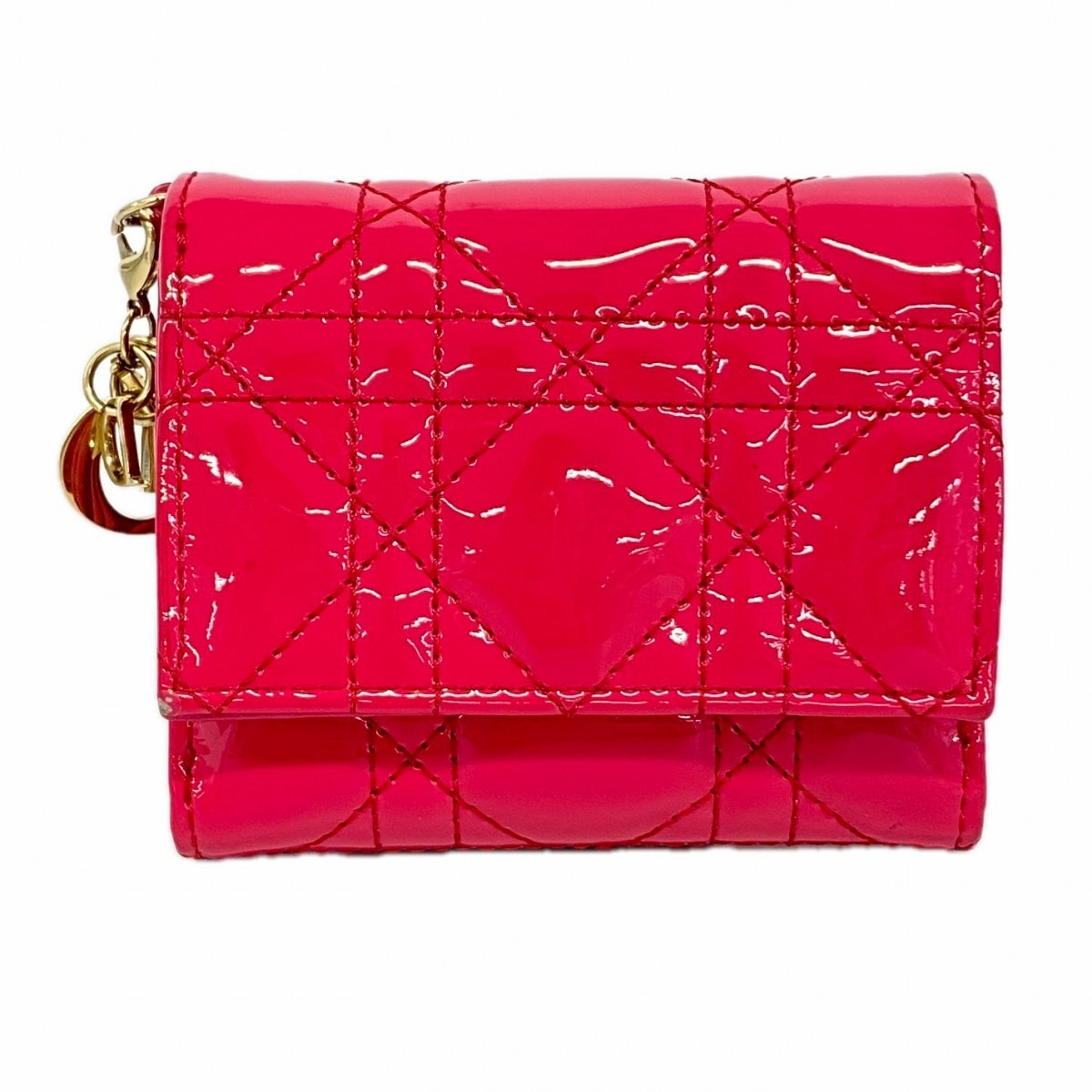 【6eb0895】クリスチャンディオール 三つ折り財布 カナージュ エナメル ピンク シャンパンゴールド金具【中古】レディース