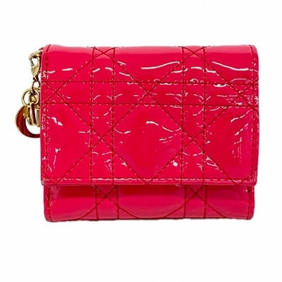 【6eb0895】クリスチャンディオール 三つ折り財布 カナージュ エナメル ピンク シャンパンゴールド金具【中古】レディース