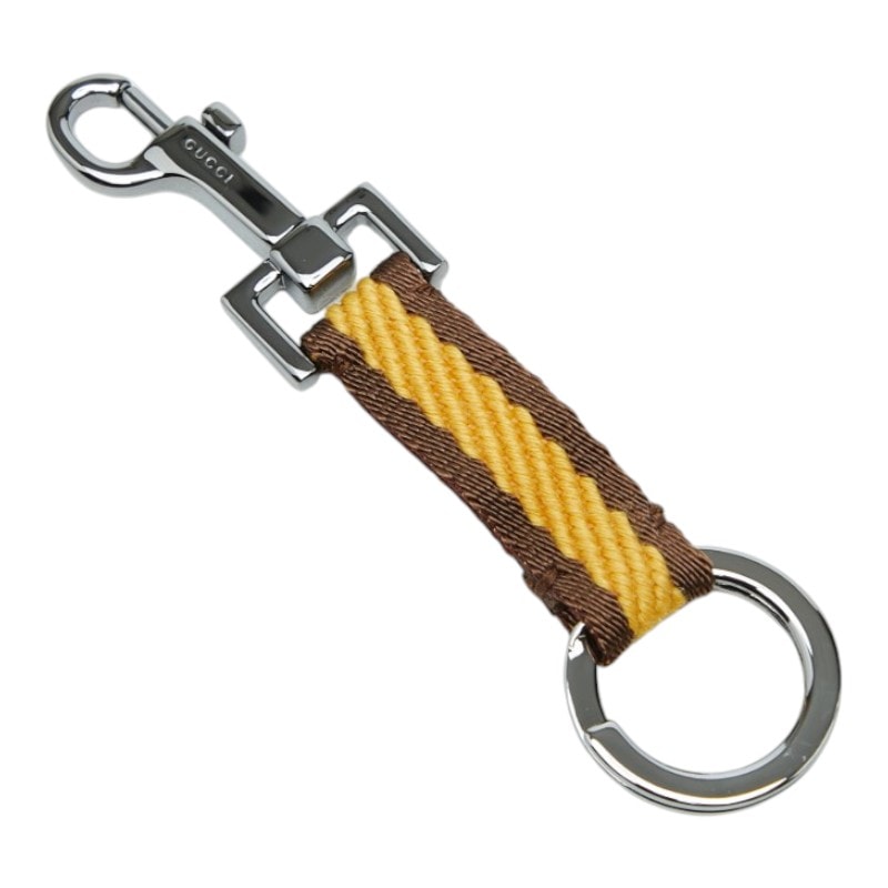 グッチ ロゴ キーリング キーホルダー バッグチャーム イエロー ブラウン シルバー メタル キャンバス レディース GUCCI 中古